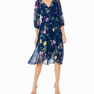 DKNY Floral Blue Faux Wrap Dress Balloon Sleeves Size 16